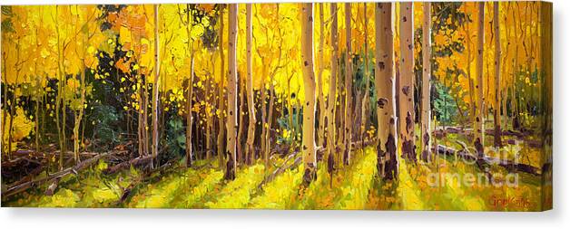 Golden Aspen In The Light Aspen Trees Birch Gary Kim Oil Print Art Nature Scenes Healing Environment Patient Santa Fe Fall Trees Autumn Season Beautiful Beauty Yellow Red Orange Fall Leaves Foliage Autumn Leaf Color Mountain Oil Painting Original Art Horizontal Landscape National Park America Morning Nature Wallpaper Outdoor Panoramic Peaceful Scenic Sky Sun Travel Vacation View Season Bright Autumn National Park America Clouds Landscape Natural New Painting Oil Original Vibrant Texture Bluesky Canvas Print featuring the painting Golden Aspen in the Light by Gary Kim