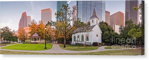 City Canvas Print featuring the photograph Golden Hour Fall Panorama of Downtown Houston and St. John Church at Sam Houston Park - Texas by Silvio Ligutti