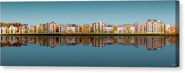 Lancaster Canvas Print featuring the digital art Lancaster Quayside Panoramic - Deep Blue by Joe Tamassy