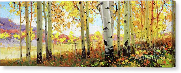 Gay Kim Aspen Tree Landscape Nature Birch Trees Canopy Colorful Sky Original Oil Painting Canvas Contemporary Forest Owl Creek Artist Southwestern Santa Fe National Park Aspen Rocky Moutain Golden Oil Print Art Nature Scenes Healing Trail Santafe Fall Trees Autumn Season Beautiful Beauty Yellow Red-orange Fall Leaves Foliage Autumn Leaf Color Mountain Oil Painting Original Art Horizontal Landscape National Park Morning Nature Wallpaper Outdoor Panoramic Peaceful Scenic Sky Travel Season Bright Canvas Print featuring the painting Owl Creek Fall Aspen by Gary Kim