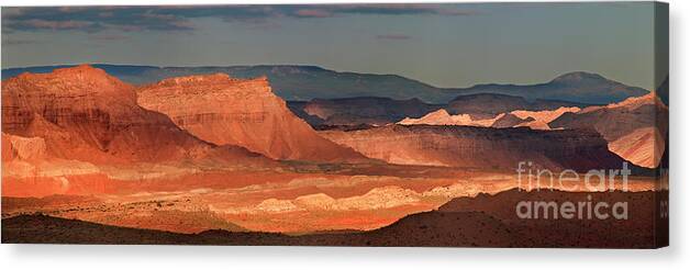 North America Canvas Print featuring the photograph Panorama Dawn Light On The San Rafael Swell Utah by Dave Welling