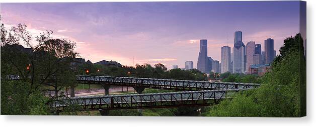 Downtown Canvas Print featuring the photograph Panorama of Rosemont Bridge Over Buffalo Bayou at Sunrise - Downtown Houston Skyline Texas by Silvio Ligutti
