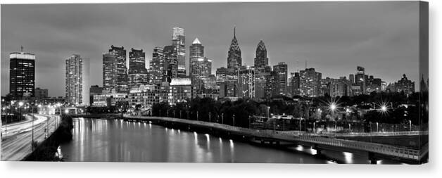Philadelphia Skyline Dusk Canvas Print featuring the photograph Philadelphia Philly Skyline at Dusk from near South BW Black and White Panorama by Jon Holiday