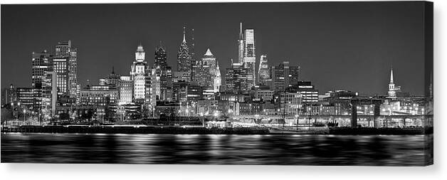 Philadelphia Skyline At Night Canvas Print featuring the photograph Philadelphia Philly Skyline at Night from East Black and White BW by Jon Holiday