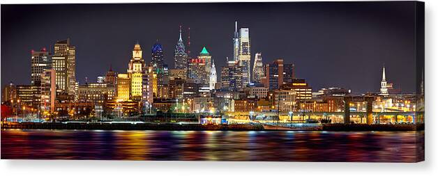 #faatoppicks Canvas Print featuring the photograph Philadelphia Philly Skyline at Night from East Color by Jon Holiday