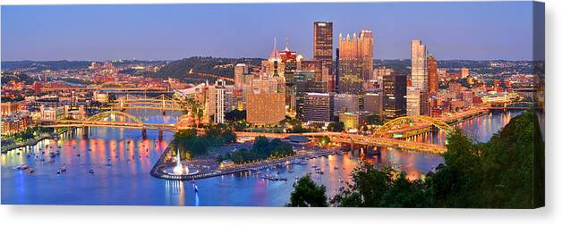 Pittsburgh Skyline Canvas Print featuring the photograph Pittsburgh Pennsylvania Skyline at Dusk Sunset Panorama by Jon Holiday