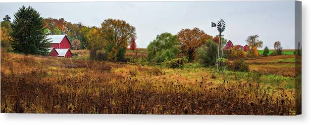 Wisconsin Countryside Farm Dairy Windmill Barns Red Panorama Horizontal Autumn Fall Scenic Landscape Canvas Print featuring the photograph Quintessential Wisconsin #2 by Peter Herman