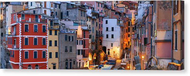 Village Canvas Print featuring the photograph Riomaggiore buildings panorama in Cinque Terre by Songquan Deng