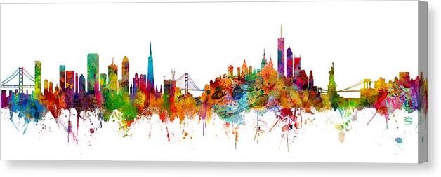 San Francisco Canvas Print featuring the digital art San Francisco New York Skyline Mashup by Michael Tompsett