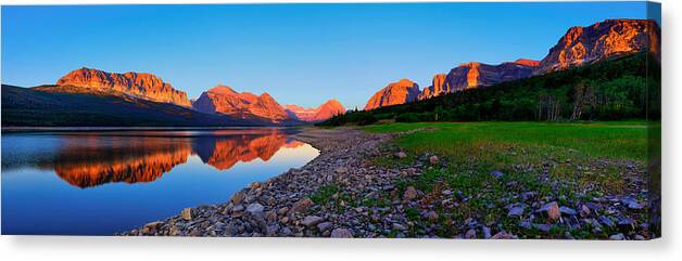 Lake Sherburne Canvas Print featuring the photograph Sherburne Shore Sunrise Panorama by Greg Norrell