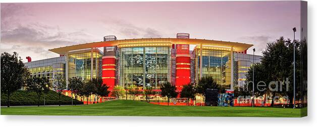Downtown Canvas Print featuring the photograph Sunrise Panorama of George R Brown Convention Center in Downtown Houston - Texas by Silvio Ligutti