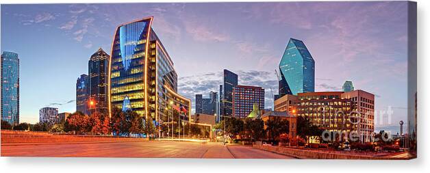 Downtown Canvas Print featuring the photograph Twilight Panorama of Downtown Dallas Skyline - North Akard Street Dallas Texas by Silvio Ligutti