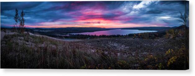 Panoramic Canvas Print featuring the photograph Pink Storm Over Glen Lake by Owen Weber