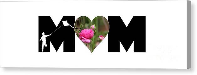 Mom Canvas Print featuring the photograph Boy Silhouette and Pink Ranunculus in Heart MOM Big Letter by Colleen Cornelius