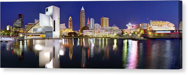 Cleveland Skyline Canvas Print featuring the photograph Cleveland Skyline at Dusk Rock Roll Hall Fame by Jon Holiday