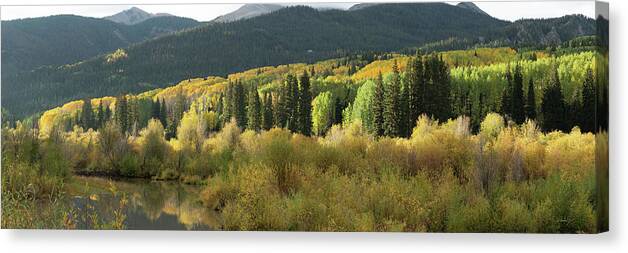 Olena Art Canvas Print featuring the photograph Crested Butte Colorado Fall Colors Panorama - 1 by Lena Owens - OLena Art Vibrant Palette Knife and Graphic Design