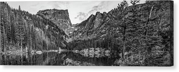 America Canvas Print featuring the photograph Dream Lake Black and White Mountain Landscape Panoramic by Gregory Ballos