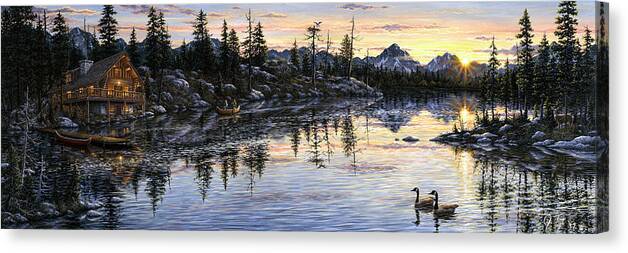 A Pair Of Ducks Swimming In The Swamp With A Log Cabin To The Left Canvas Print featuring the painting Evening Sunset by Jeff Tift