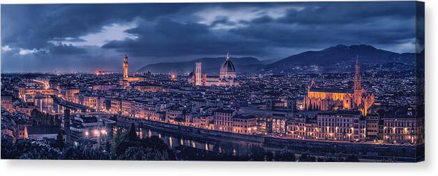 Florence Canvas Print featuring the photograph Florence Panorama At Blue Hour by Mei Xu