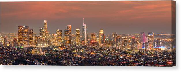 Los Angeles Skyline Canvas Print featuring the photograph Los Angeles Skyline at Dusk Sunset by Jon Holiday