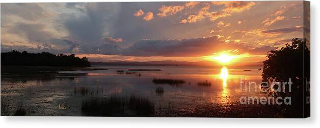 Sunset Reflections On Water Canvas Print featuring the photograph Marshland Sunset With Reflections The Island Line Trail Vermont Panorama by Felipe Adan Lerma