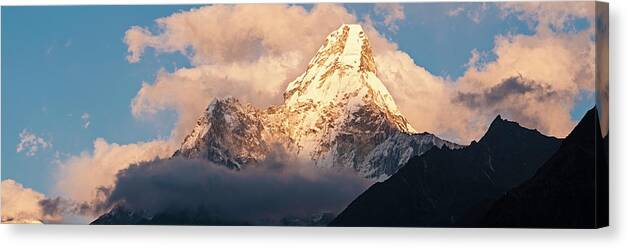 Scenics Canvas Print featuring the photograph Mountain Peak Sunset Panorama Ama by Fotovoyager
