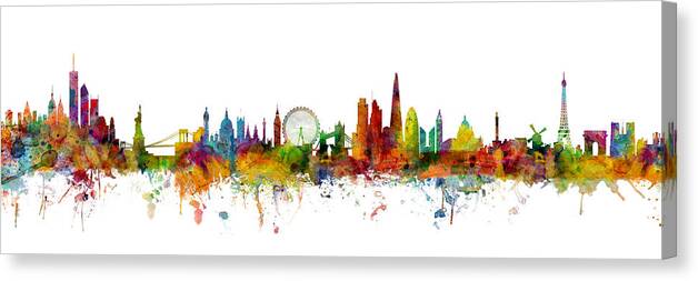 Paris Canvas Print featuring the digital art New York, London, Paris Skyline Mashup by Michael Tompsett