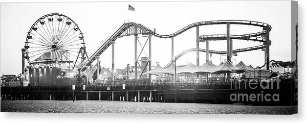 America Canvas Print featuring the photograph Santa Monica Pier Black and White Panorama Photo #3 by Paul Velgos