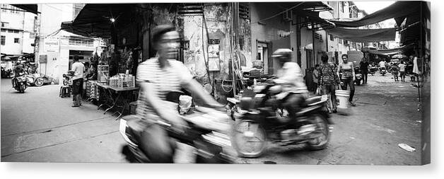 Panoramic Canvas Print featuring the photograph Siem Reap cambodia street motorbikes #3 by Sonny Ryse