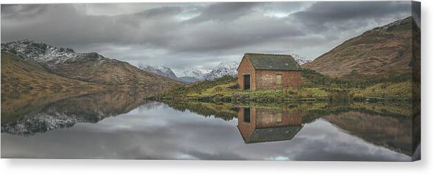 Loch Arklet Canvas Print featuring the photograph Atklet Boathouse by Raymond Carruthers