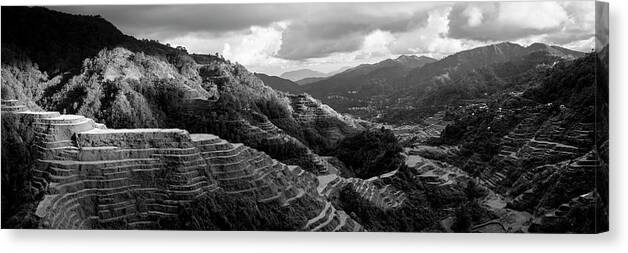 Panorama Canvas Print featuring the photograph Banaue Rice terraces Philippines black and white by Sonny Ryse