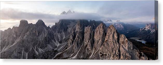 Panorama Canvas Print featuring the photograph Cadini Peaks Tre Cime de Laveredo Italian Dolomites by Sonny Ryse