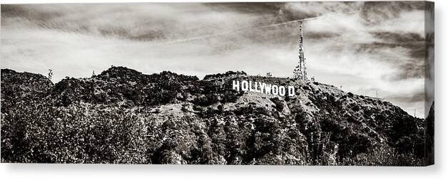Hollywood Sign Canvas Print featuring the photograph California Hollywood Hills Sign Sepia Panoramic by Gregory Ballos