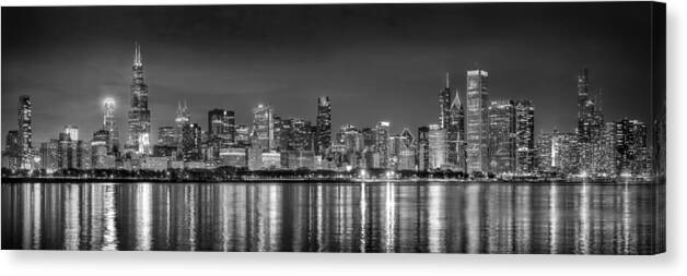 Chicago Skyline Canvas Print featuring the photograph Chicago Skyline 2021 NIGHT Panorama BW Black and White by Jon Holiday