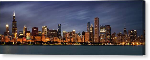 #faatoppicks Canvas Print featuring the photograph Chicago Skyline at Night Color Panoramic by Adam Romanowicz