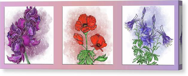 Triptych Canvas Print featuring the painting Flowers triptych Gladiolus, poppy and forest columbine by Patricia Piotrak