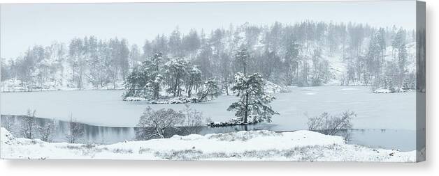 Panorama Canvas Print featuring the photograph Frozen Tarn Hows Covered in Snow Lake District by Sonny Ryse