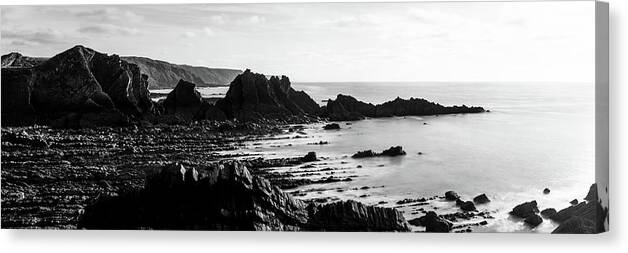Coast Canvas Print featuring the photograph Hartland Quay North Devon south west coast path black and white by Sonny Ryse