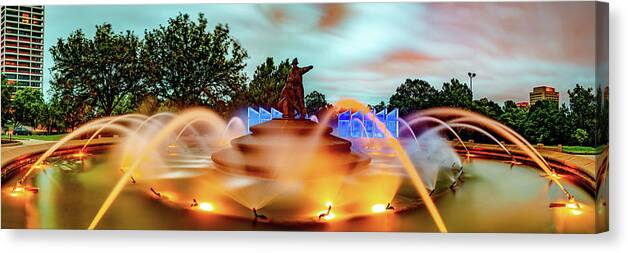 Kansas City Canvas Print featuring the photograph Kansas City Firefighter Fountain Panorama at Dawn by Gregory Ballos