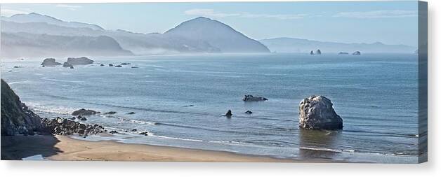Bay Canvas Print featuring the photograph Morning Fog Burning Off on Port Orford Beach by Loren Gilbert