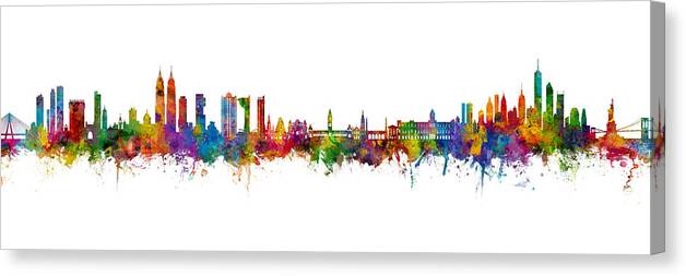 Mumbai Canvas Print featuring the digital art Mumbai, Chennai and New York Skyline Mashup by Michael Tompsett