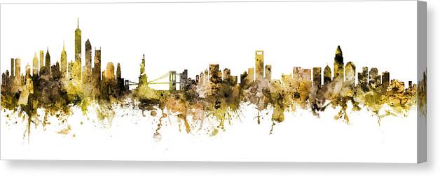 Charlotte Canvas Print featuring the digital art New York and Charlotte Skylines Mashup Brown Gold by Michael Tompsett