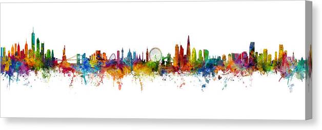 Miami Canvas Print featuring the digital art New York, London and Miami Skylines Mashup by Michael Tompsett