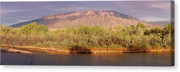 New Mexico Canvas Print featuring the photograph Panorama of Sandia Mountains and Rio Grande Bosque from Rio Rancho Bosque Preserve Albuquerque by Silvio Ligutti