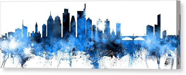 Philadelphia Canvas Print featuring the digital art Philadelphia Pennsylvania Skyline Panoramic Blue by Michael Tompsett
