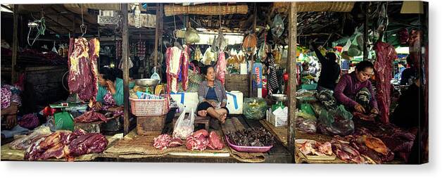 Panoramic Canvas Print featuring the photograph Siem Reap street market meat stall cambodia by Sonny Ryse