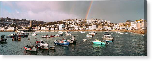 Coast Canvas Print featuring the photograph St Ives Fishing Boats and Harbour Rainbow cornwall by Sonny Ryse