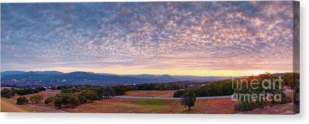State Canvas Print featuring the photograph Sunrise over the Guadalupe River Valley from Canyon Lake Dam - Texas Hill Country by Silvio Ligutti