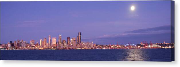 Moon Canvas Print featuring the photograph Moonrise Over Seattle by Michael Merry