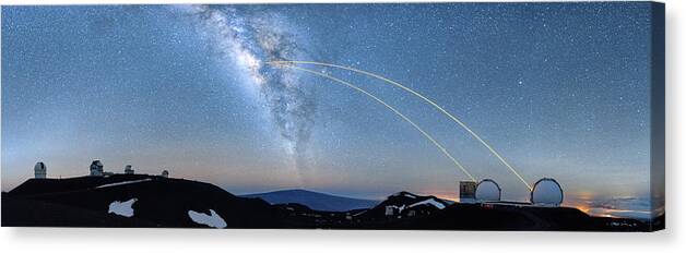 Hawaii Canvas Print featuring the photograph Double Lasers with the Milky Way Panorama by Jason Chu